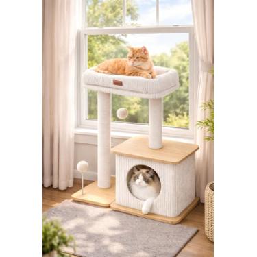 Imagem de Nordic Loft Torre de árvore para gatos com poste para arranhar, torre moderna para gatinhos com poste para arranhar, arranhador de sisal, condomínios aconchegantes, cama acolchoada para gatos internos