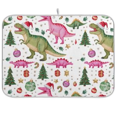 Imagem de Tapete de secagem de pratos branco de dinossauros de Natal, 45 x 61 cm, tapete de café de secagem rápida, tapete de drenagem de pratos, reversível para decoração de bancada de cozinha