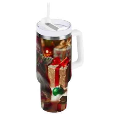 Imagem de ODAWA Copo isolado de aço inoxidável Gnomo de Natal de 1,134 g com alça e copo isolado com canudo