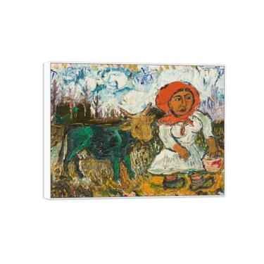 Imagem de David Burliuk Famosas impressões em tela de arte de parede prontas para pendurar. Leiteira e vaca. Pintura com moldura branca para decoração de sala de estar 40 x 50 cm 16 x 20 pol
