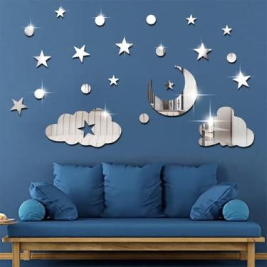 Imagem de Decoração de parede 3D lua nuvem estrela espelhada, estrela faça você mesmo, adesivos decorativos autoadesivos para crianças, berçário, sala de estar, quarto, quarto infantil, decoração de sala de