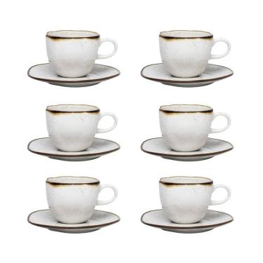 Imagem de Cj 6 Xícaras P/Chá C/Pires de Porcelana Orgânico Ryo Maresia Branco/Marrom 220ml Oxford