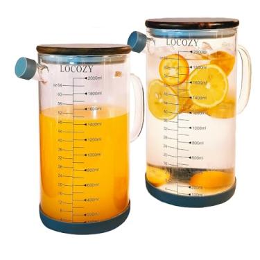 Imagem de Pacote com 2 jarras de vidro de 1,8 g com tampa de madeira de acácia – design hermético, balanças duplas para geladeira, jarra de vidro para água quente/fria, jarra grande de chá gelado para café