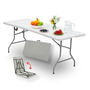 Imagem de Mesa Dobrável Vira Maleta Com Alça Portátil 1.80m Para Camping Pesca Jardim Área Externa Ou Interna Salão De Festas Gourmet Domus Vita Branco
