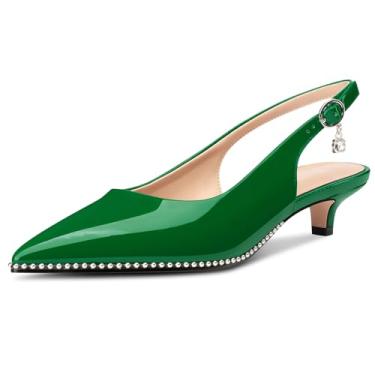 Imagem de TNYNFBEB Sapato feminino de salto baixo com bico fino e bico fino, fivela prateada, com contas, vestido de festa de formatura, couro envernizado, salto de 3,5 cm, Verde escuro, 41