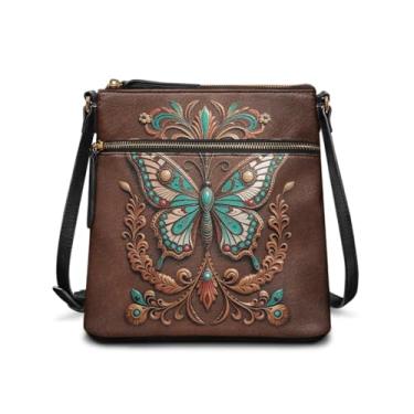 Imagem de Sannovo Bolsa Hobo Feminina de Couro com Alça de Ombro Ajustável e Bolsos com Zíper, Marrom-borboleta 3D, 10.43 inches x 4.33 inches x 9.45 inches