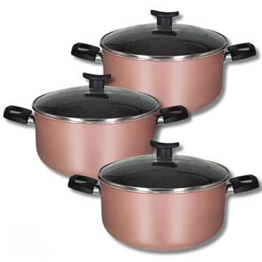 Imagem de Conjunto Jogo Panelas Caçarolas 3 peças 5 Camadas Antiaderente Teflon Tampa de Vidro Cor Rose Preto
