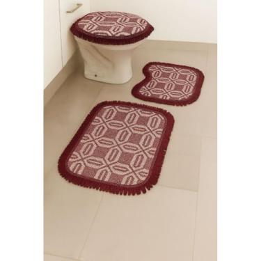 Imagem de Kit Tapete de Banheiro 3 Peças Algodão Macio Antiderrapante Decoração para Banheiro (VINHO B)