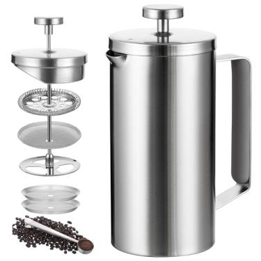 Imagem de Meelio Cafeteira francesa pequena de 600 ml, prensa francesa de aço inoxidável com isolamento de parede dupla para acampamento, inclui 2 fliters extras e 1 colher de café (2-4 xícaras, 590 g) prata