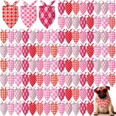 Imagem de Shyyween 100 bandanas xadrez búfalo Dia dos Namorados a granel para cães rosa e vermelho, babadores macios de coração de amor, bandana triangular, ajustável, para fantasia de animal de estimação