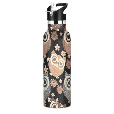 Imagem de Garrafa de água infantil de aço inoxidável de 590 ml com tampa de palha, lindas corujas de desenho animado marrom preto isolado garrafas de água esportivas com alça, copo de viagem à prova de