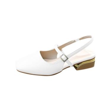 Imagem de Sandálias femininas fashion casual primavera e verão estilo confortável cor sólida bico quadrado fechado fivela de uma linha atrás salto quadrado oco salto baixo grosso, Branco, 34
