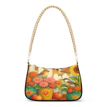 Imagem de Bolsa de ombro com corrente de flores coloridas com cenário de jardim de outono, bolsa Hobo artística para mulheres, bolsa versátil para noite e clutch