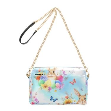 Imagem de Joitme Bolsa de ombro feminina transversal para celular bolsa de ombro de couro PU com alça de corrente coelho colorido flores primavera