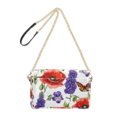 Imagem de Joitme Bolsa de ombro feminina transversal para celular botânica flores silvestres vermelhas bolsa de ombro de couro PU com alça de corrente