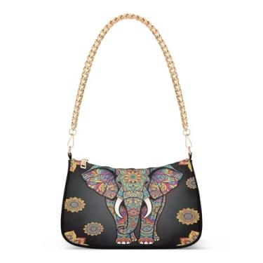 Imagem de Bolsa de ombro preta floral mandala de elefante, bolsa de mão Hobo feminina artística com versatilidade estilo clutch para uso diário e noite