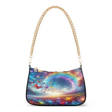 Imagem de Bolsa feminina de ombro floral com borboleta colorida, bolsa Hobo com alça de corrente, bolsa média para uso diário, carteira transversal leve