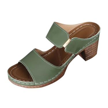 Imagem de Sandálias femininas fashion casual versátil boca de peixe cor sólida salto grosso primavera e verão moda casual, Verde, 35