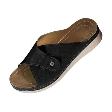 Imagem de Sapato feminino moderno, casual, versátil, boca de peixe, bico aberto, uso ao ar livre, primavera e verão, salto cunha grosso, Preto, 35