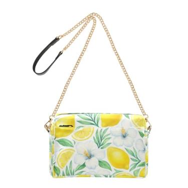 Imagem de Joitme Bolsa tiracolo feminina com flores brancas e limões amarelos para celular, alça de corrente, bolsa de ombro de couro PU