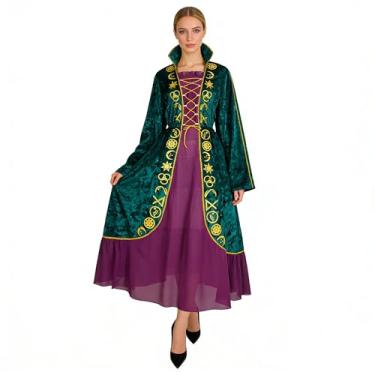 Imagem de Xyjrnjvh Fantasias femininas de cosplay de irmãs de bruxa, vestido longo de bruxa medieval, fantasias de Halloween para TV e filmes, Verde, M