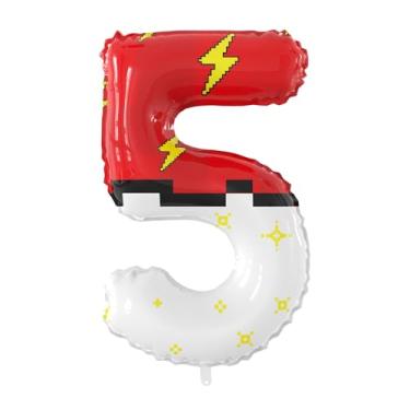 Imagem de Balões de alumínio gigantes com tema de desenho animado vermelho e branco de 101 cm - Animação grande de 5 balões para decoração de festa de aniversário de crianças (números 0-9 disponíveis)