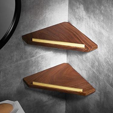 Imagem de Prateleiras de chuveiro, prateleira de chuveiro de madeira maciça dourada escovada, prateleira de canto, suporte de armazenamento de parede, suporte de xampu, suporte de chuveiro para banheiro