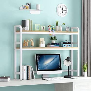 Imagem de Estante de mesa de 2 camadas para mesa de computador - estante de mesa de computador de madeira e metal, estante de mesa ajustável, estante de mesa, prateleira de exibição de armazenamento aberta para