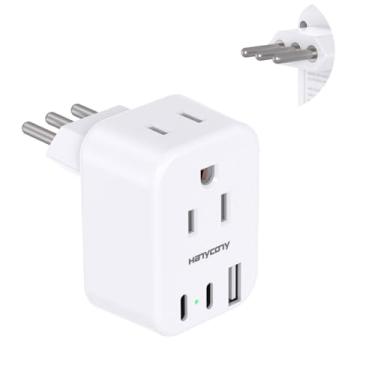 Imagem de Adaptador de tomada de alimentação para viagem, adaptador HANYCONY tipo L com 2 tomadas, 3 portas USB (2 USB C) para EUA para Itália Roma Uruguai Chile