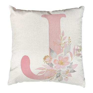 Imagem de Capas de almofada rosa do alfabeto, capas de almofada com monograma floral rosa, 45,7 x 45,7 cm, lindas capas de almofada de letras quadradas decorativas do alfabeto para sofá, quarto, carro, cadeira