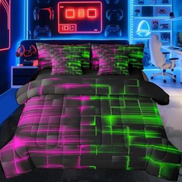 Imagem de Feelyou Conjunto de edredom infantil verde e rosered com 7 peças, tamanho Queen, geométrico, linhas geométricas, arte abstrata, edredom com edredom, lençóis e capas de almofada