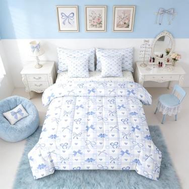 Imagem de Erosebridal Conjunto de edredom infantil casal com laço azul, 7 peças, fofo, azul, estampa de princesa, desenho animado com laço e laço para mulheres, adultos, aquarela, amor, coração, estética