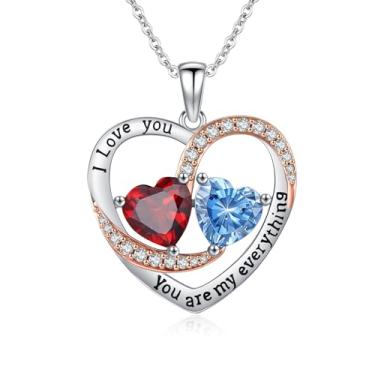 Imagem de WYDDO Colar de coração para mulheres, ouro rosa 14K, pingente de pedra do mês de nascimento duplo, ideal para aniversário, dia dos namorados, presente de Natal para sua esposa, mãe, filha, Base