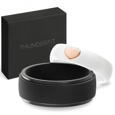 Imagem de ThunderFit Anéis de silicone para ele e ela, alianças de casamento para casais, pacote com 2 alianças de noivado de borracha com detalhes banhados a ouro, 5.5-6 (W) | 9.5-10 (M), Silicone, Sem tipo de