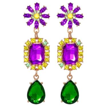 Imagem de Nydotd Brincos de carnaval para mulheres, brincos pendentes de gota de strass roxo verde ouro grande brincos de gota de cristal moda carnaval festa joias presentes casamento noiva formatura (Mardi