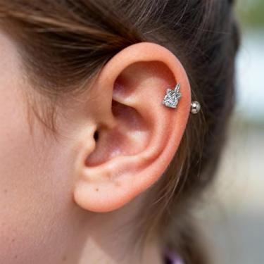 Imagem de Conjunto de 2 peças de brincos de cartilagem de 16 g para mulheres, aço inoxidável, concha, tragus, borboleta, unicórnio, folha, parafuso nas costas, 16g,6mm, Metal, Sem pedra preciosa