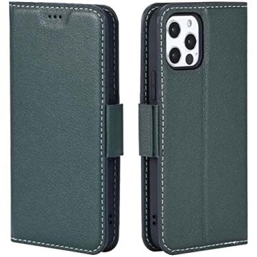 Imagem de CYSUE para Apple iPhone 13 Pro (2021) 6,1 polegadas Carteira Folio Stand Case [Porta-cartão], Capa de telefone de couro de bezerro com fivela magnética [pulseira] (Cor: verde)