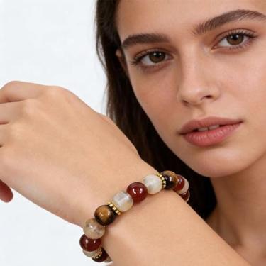 Imagem de Pulseira de atração de dinheiro feminina masculina pedra natural olho de tigre feita à mão joias com contas elásticas riqueza energia cristal cura ioga meditação amizade presente de Natal, Medium