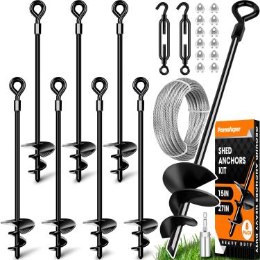 Imagem de Pacote com 8 âncoras de solo de 35,5 cm com kit de âncora de galpão de cabo galvanizado de 1/20.3 cm, estacas de trampolim, âncoras de vento forte – Ideal para coberturas, galpões, portas de carro