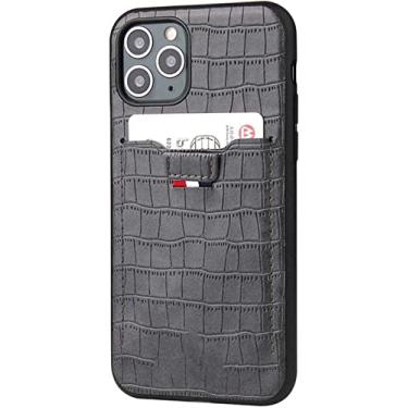 Imagem de GANYUU Suporte de cartão de capa de telefone traseiro, para Apple iPhone 14 Plus capa 6,7 polegadas 2022 couro PU à prova de choque capa de padrão de crocodilo (cor: cinza)