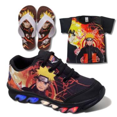Imagem de Kit Tênis De Led Infantil Menino Masculino Naruto + Chinelo + Camisa -