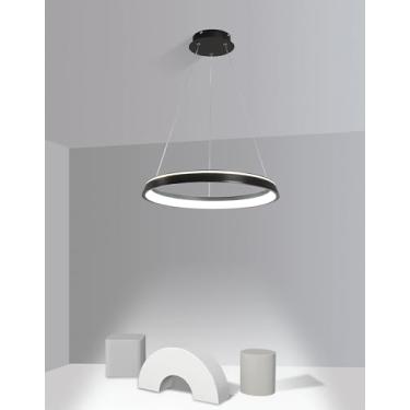 Imagem de Lustre pendente LED moderno com controle remoto, design em anel e altura ajustável, ideal para sala de jantar e cozinha (preto, 50 cm).