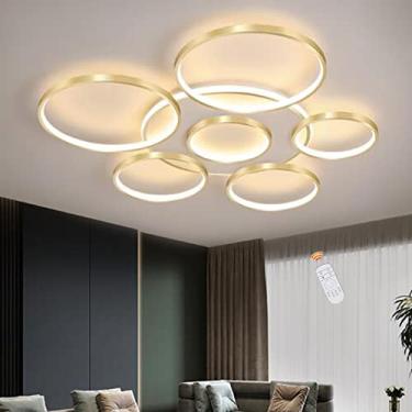 Imagem de Luminária de teto LED moderna para sala de estar, com controle remoto, dimerizável, cúpula de acrílico, ideal para quarto, sala de jantar, restaurante e escritório. Cor dourada.