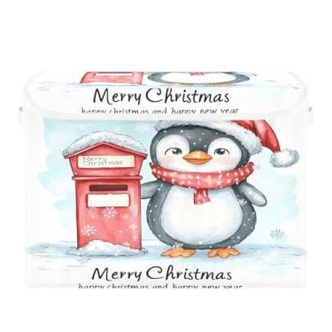 Imagem de Wassud Cestas de armazenamento de Natal com tampas, caixotes dobráveis de pinguim de desenho animado, empilháveis, cestas de linho, recipiente organizador de armário 42 x 32 x 30 cm
