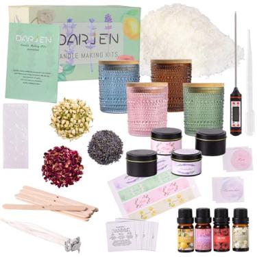 Imagem de DARJEN Kits de fabricação de velas para adultos – suprimentos para fabricação de velas com 4 frascos de vela (azul, rosa, âmbar, verde), latas de vela, cera de soja, aromas, flores secas e muito mais