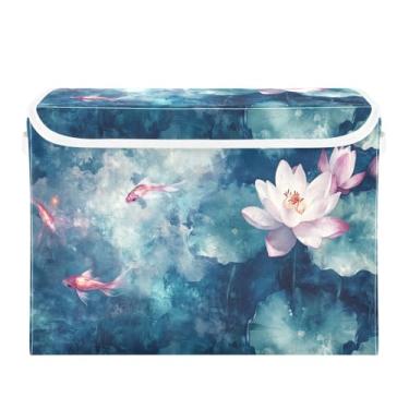 Imagem de Wassud Cestos de armazenamento com tampas, lótus e peixe, dobrável, empilhável, cestas de linho, recipiente organizador de armário, 42 x 32 x 30 cm