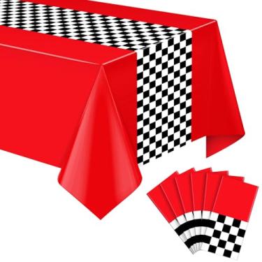 Imagem de Pacote com 6 toalhas de mesa de plástico para carro de corrida, toalha de mesa xadrez vermelha e preta, toalha de mesa retangular xadrez de búfalo para decoração de festa de aniversário, 137 x 272 cm