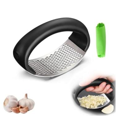 Imagem de Espremedor de alho de aço inoxidável – Triturador e espremedor manual portátil com tambor de descascar alho – Processamento de alho sem esforço para cozinha doméstica
