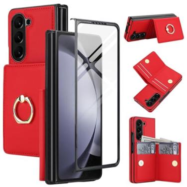 Imagem de Capa carteira para Samsung Galaxy Z Fold 5 com suporte de anel, capa flip protetora de 360° com compartimentos para cartões, bolso para dinheiro e protetor de tela para homens e mulheres (vermelho)