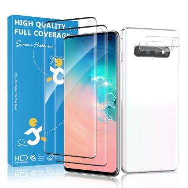 Imagem de IKABO Pacote com 2 + 2 protetores de tela e câmera para Samsung Galaxy S10, suporte para impressão digital, compatível com capas, sem bolhas, vidro de dureza 9H para S10
